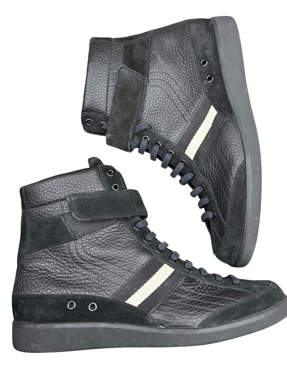 Bally Men’s High Top Sneakers Black Leather & Suede Strap Lace Up Shoes